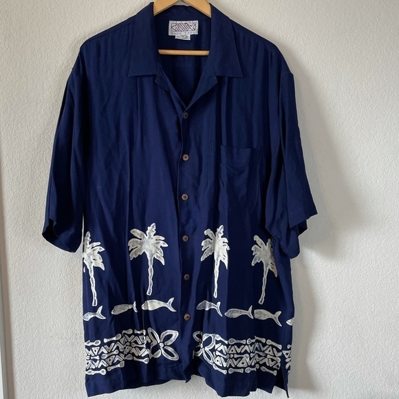Vintage Rayon Navy Blue Island Back East Island Button Front Shirt Size XL - Picture 1 of 6